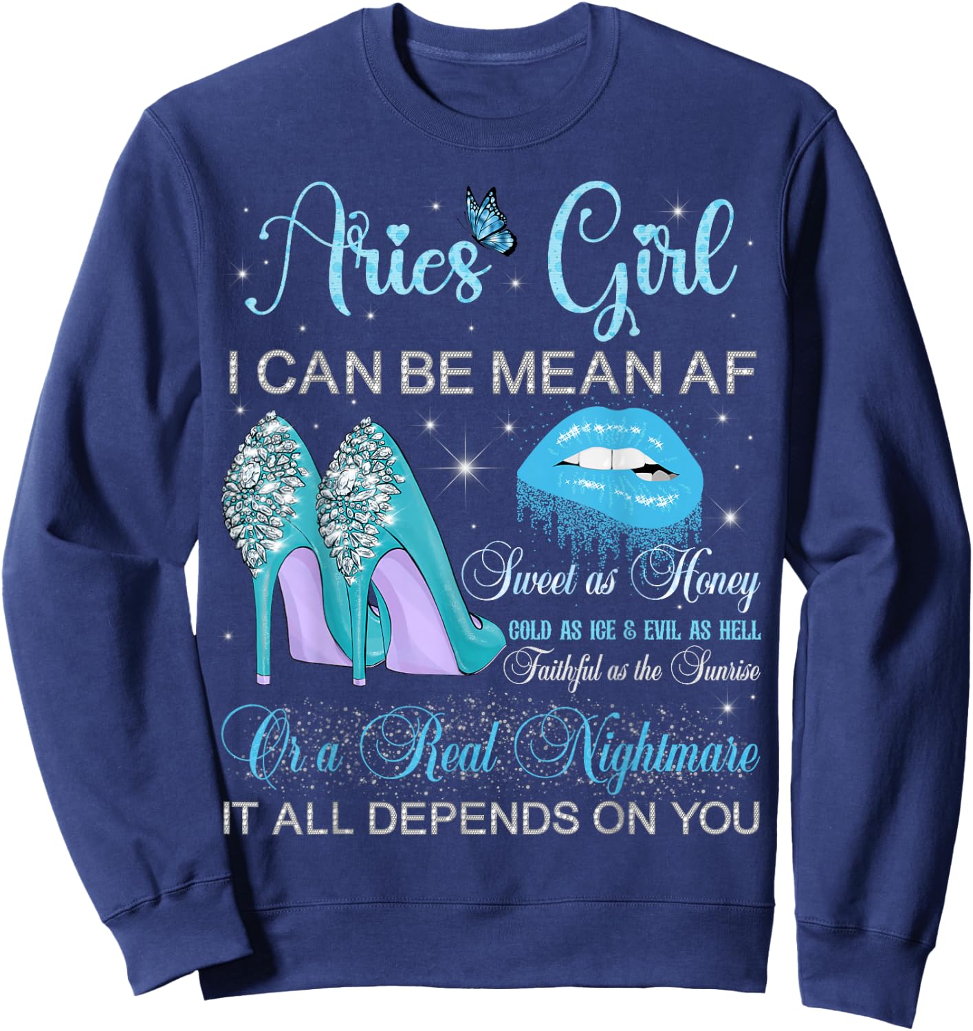 Aries Girl Birthday High Heels Dripping Lips Butterfly Sweatshirt - Sweatshirt | Navy