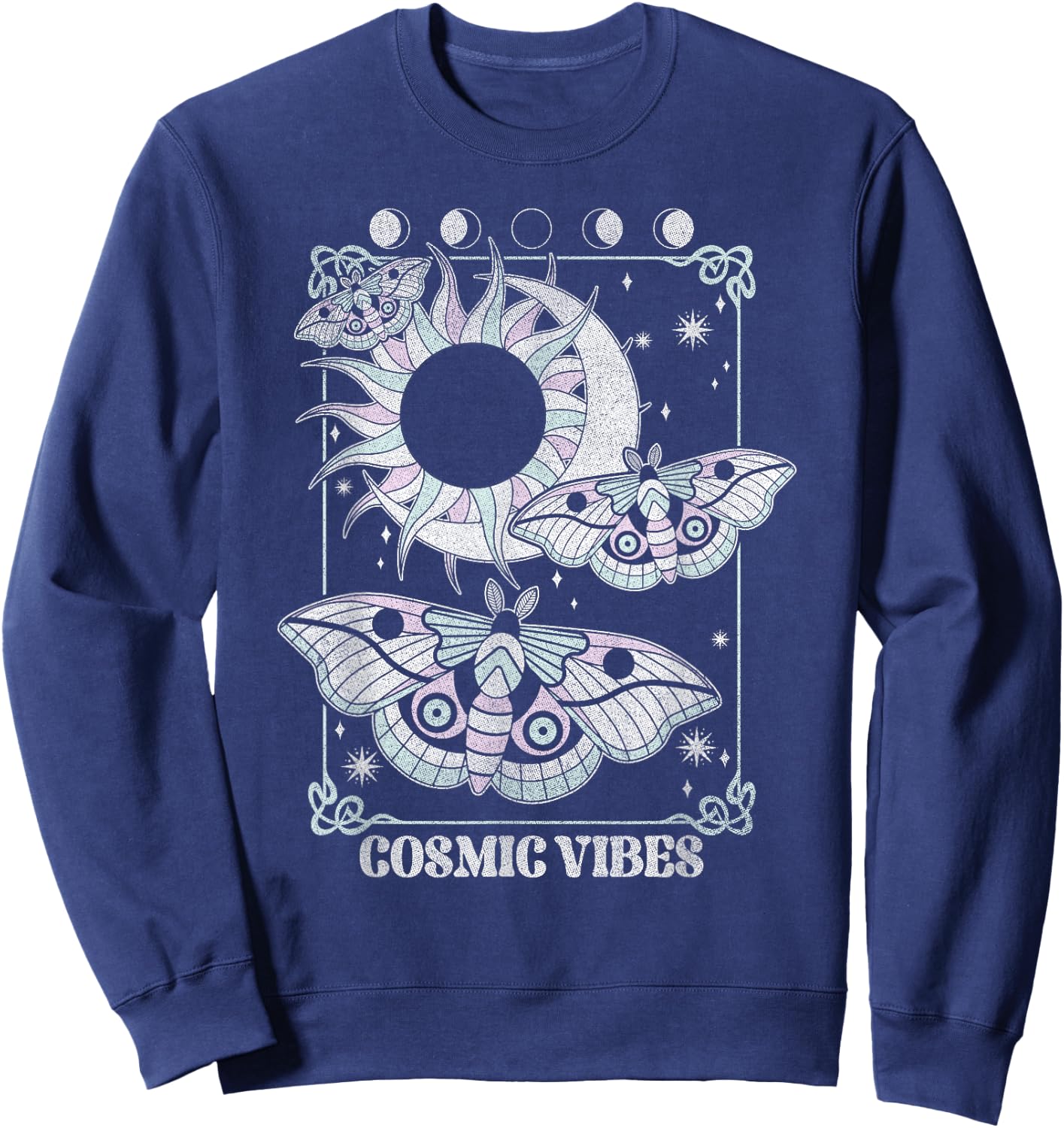 Cosmic Vibes Mystical Moths Flying Over Sun And Moon Sweatshirt - Sweatshirt | Navy