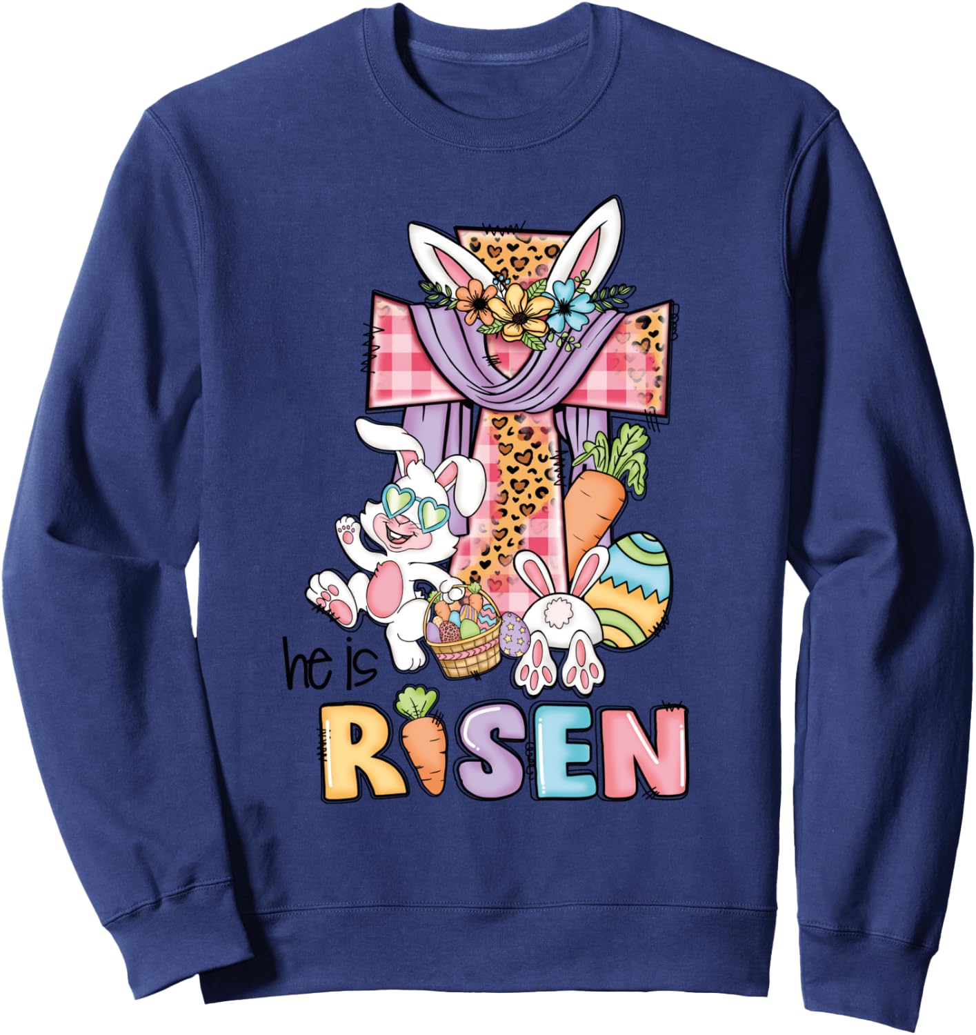 He is Risen Floral Cross Vintage Happy Easter Day Sweatshirt - Sweatshirt | Navy