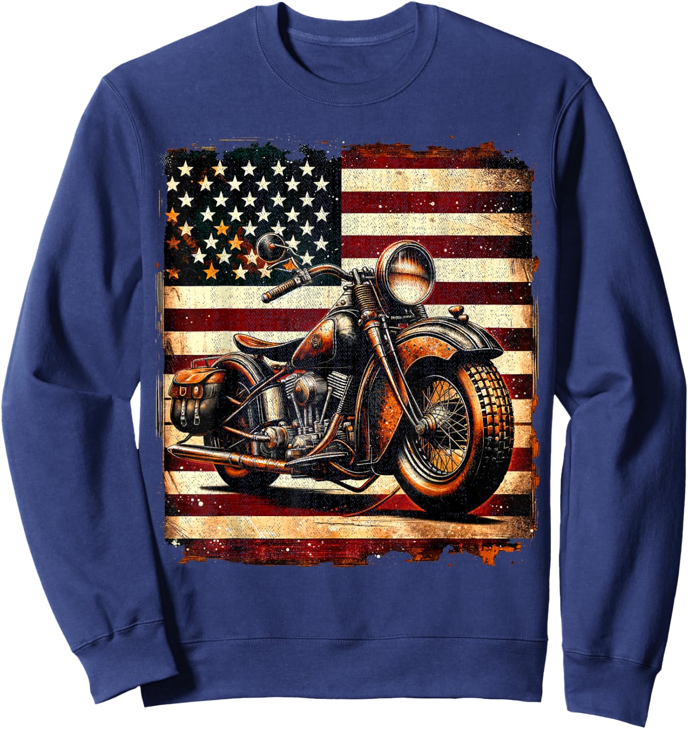 Motorcycle USA Flag Retro Biker Vintage Distressed Sweatshirt - Sweatshirt | Navy
