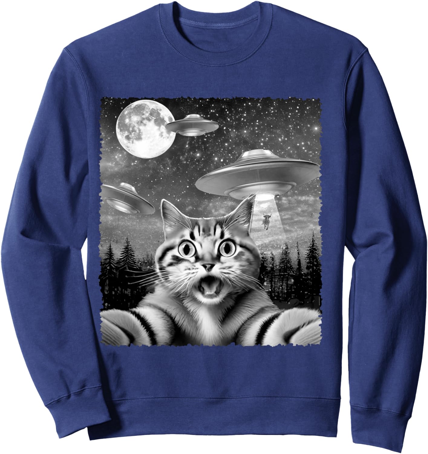 Funny Alien Cat Selfie with UFOs Gift Men Women Kids Sweatshirt - Sweatshirt | Navy