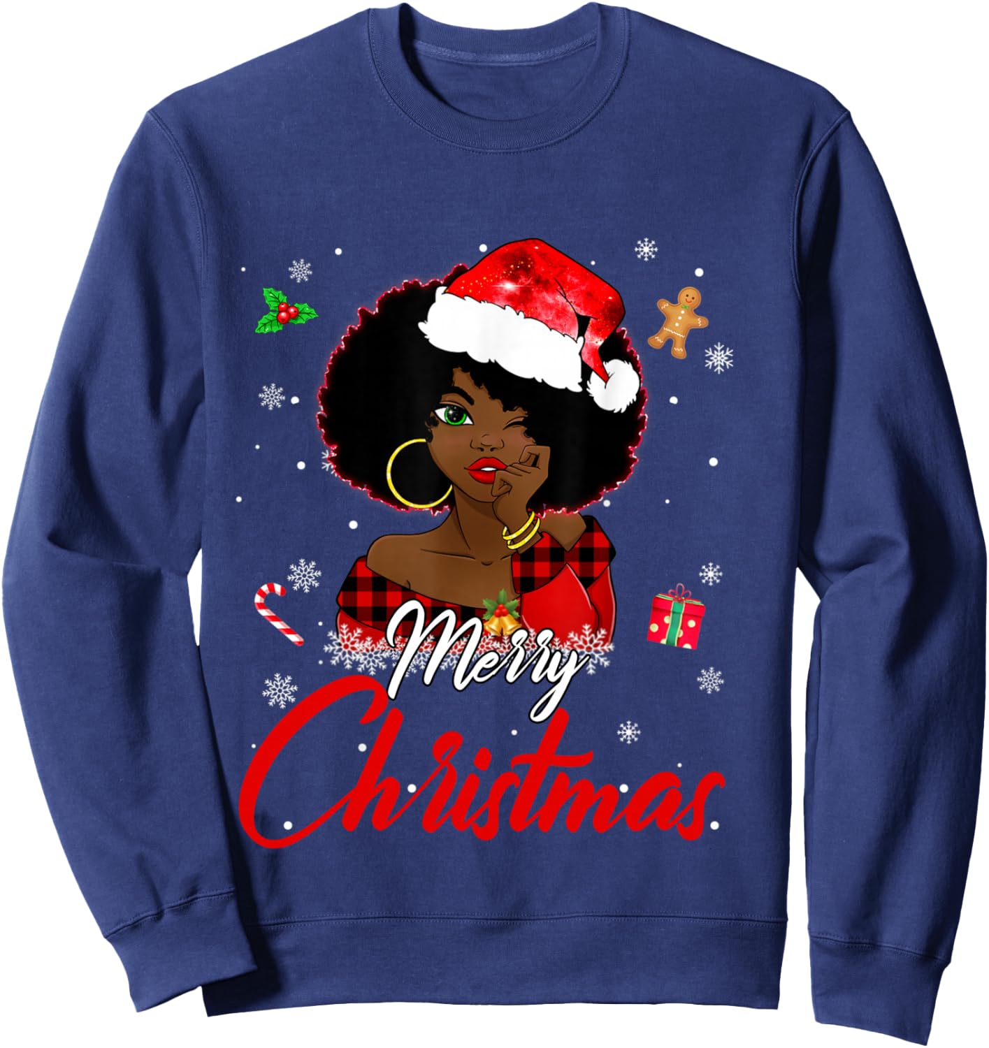 Black African Girl American Melanin Christmas Santa Hat Xmas Sweatshirt - Sweatshirt | Navy