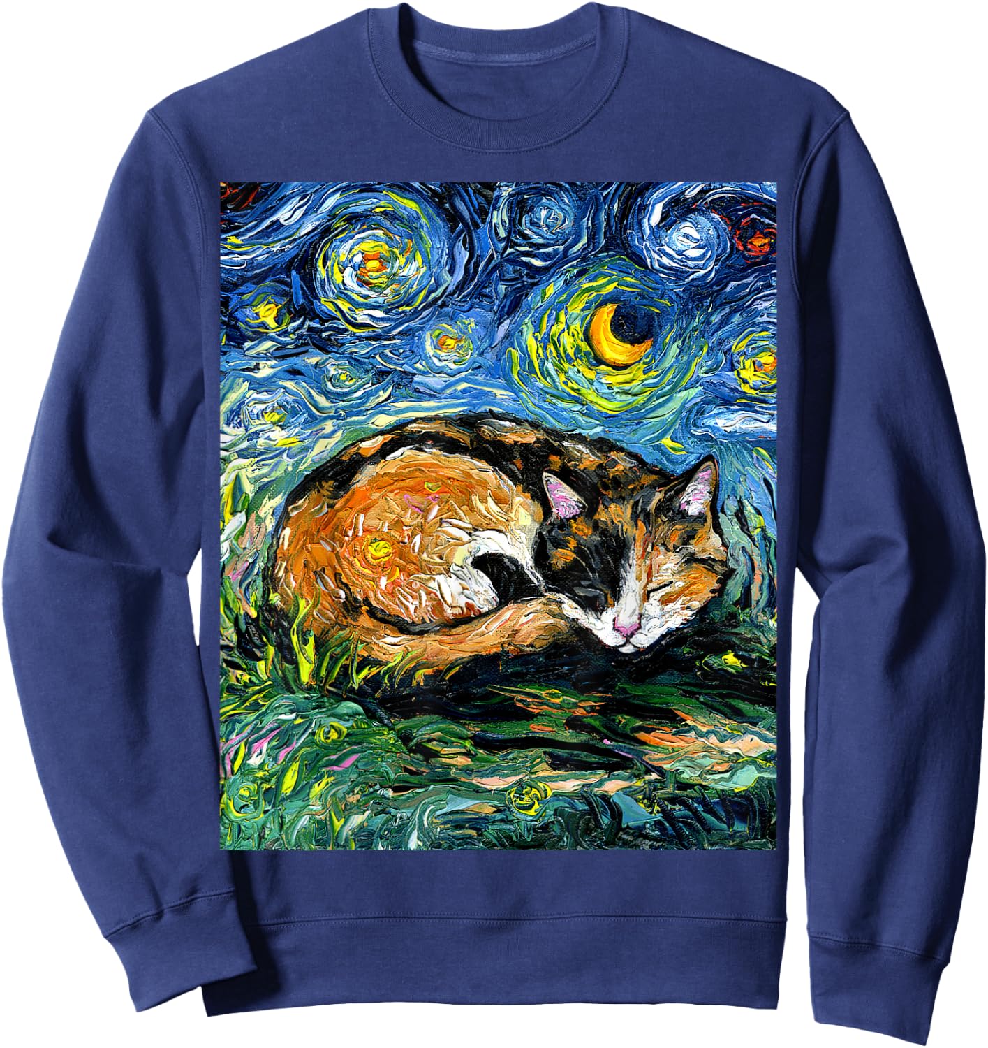 Sleeping Calico Cat Starry Night Animal Lover Pet Artwork Sweatshirt - Sweatshirt | Navy