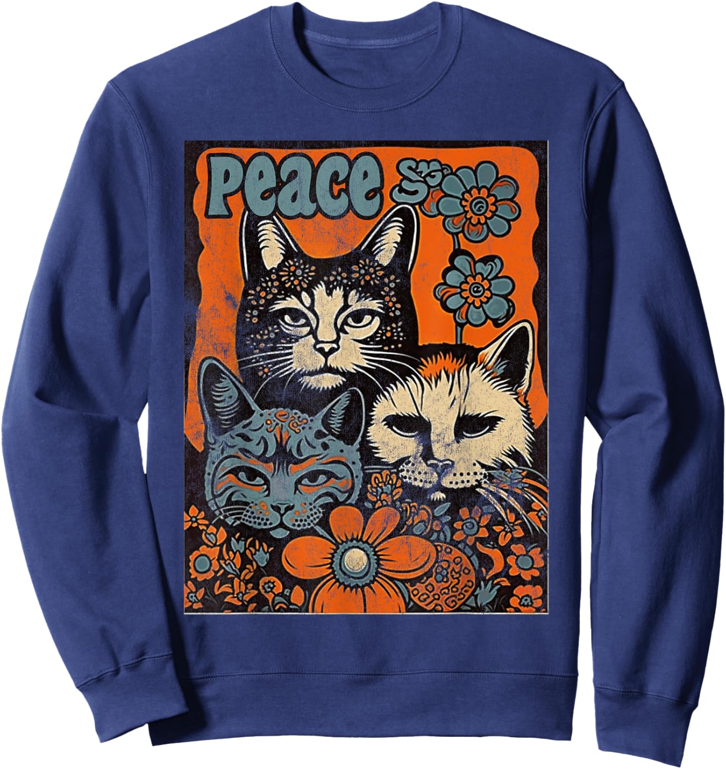 Cat Funny 60s 70s Hippie Vintage Flowers Groovy Psychedelic Men Women Sweatshirt - Sweatshirt | Navy