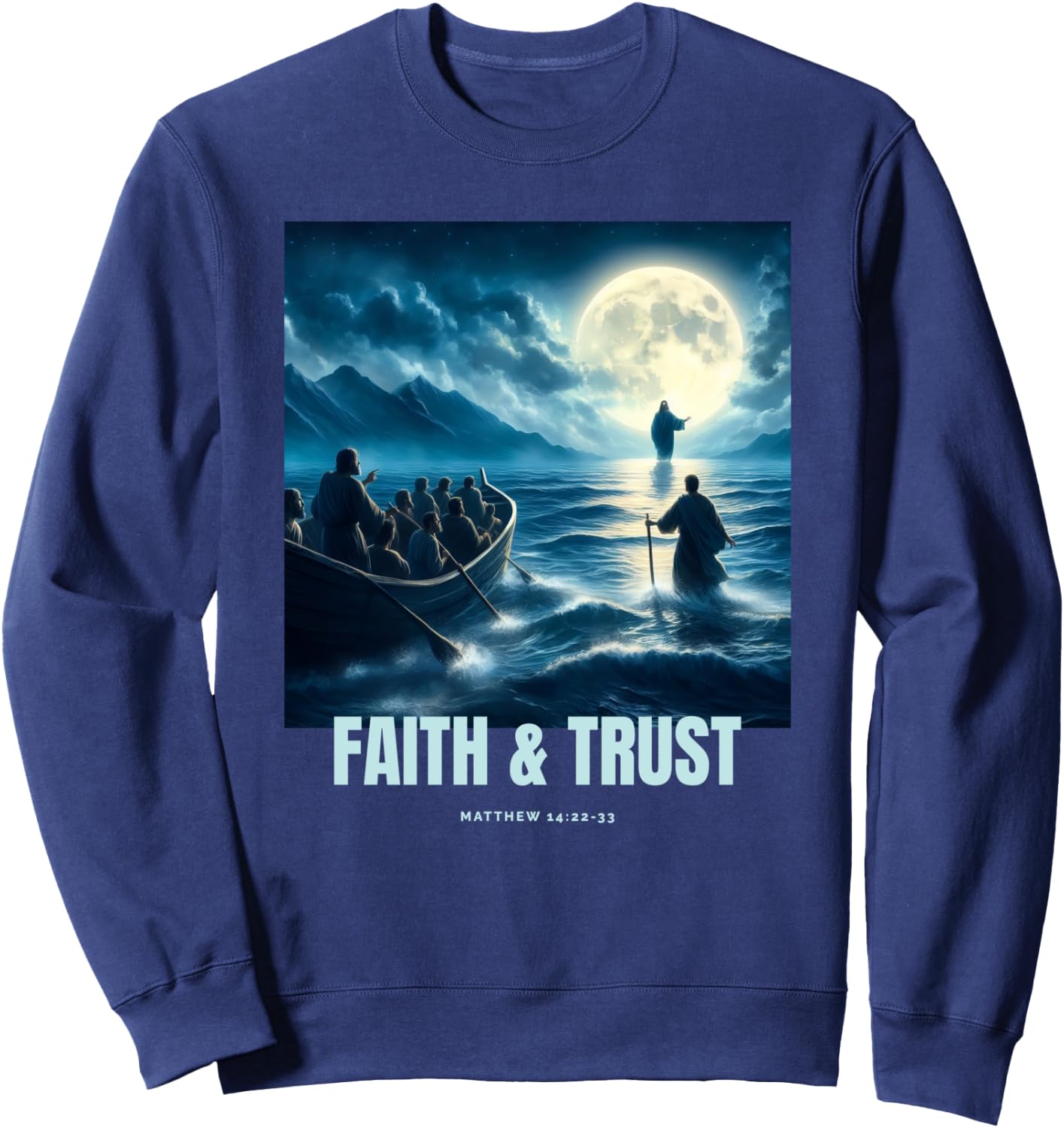Faith Inspired Image Of Jesus Walking On Water Sweatshirt - Sweatshirt | Navy