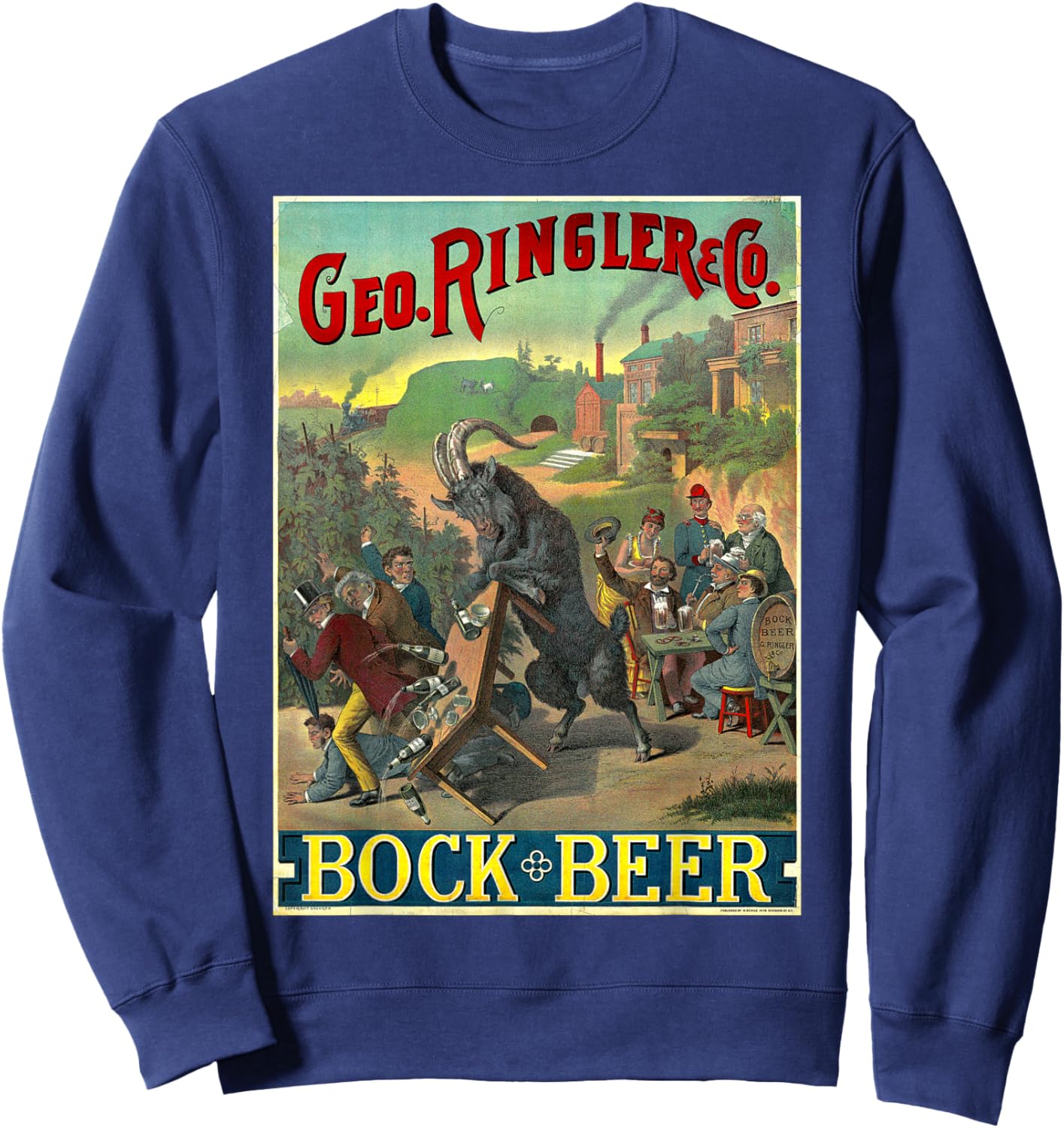 Black Goat Bock Beer Knocking Over Table of Wine Sweatshirt - Sweatshirt | Navy