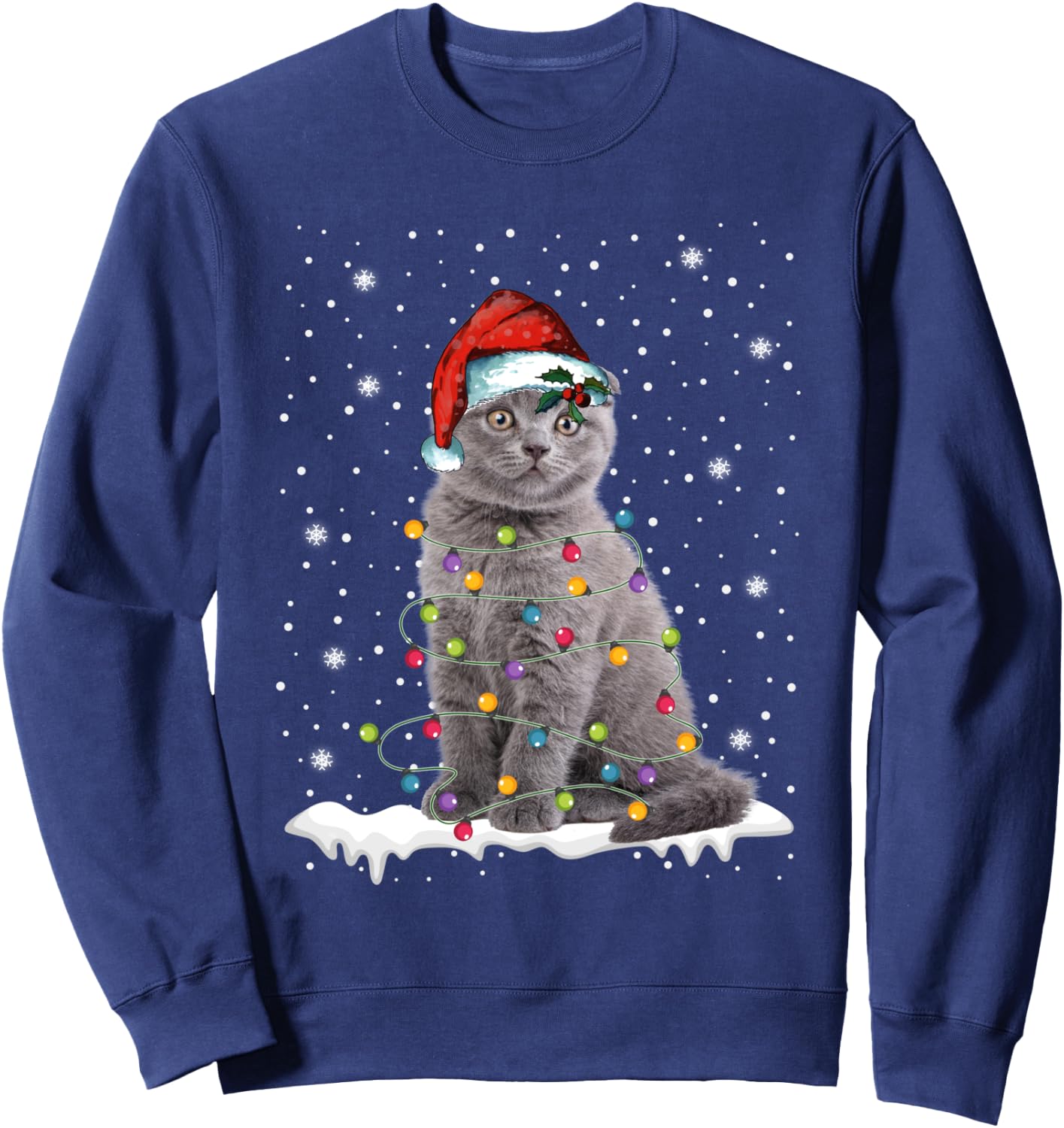 Scottish Fold Cat Funny Christmas Lights Sweater Xmas Kitten Sweatshirt - Sweatshirt | Navy
