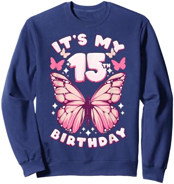 15th Birthday Girl 15 Years Old Butterflies and Number Sweatshirt - Sweatshirt | Navy