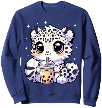 Kawaii Anime Snow Leopard Boba Bubble Tea Lover Sweatshirt - Sweatshirt | Navy