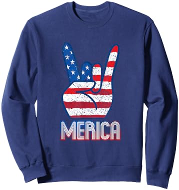 Merica Rock Sign 4th of July Vintage American Flag Retro USA Women Kids Men Sweatshirt - Sweatshirt | Navy