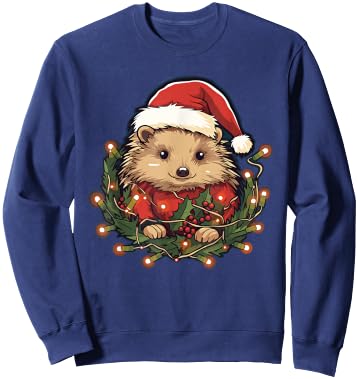 Cute Hedgehog Christmas Lights Santa Hat Xmas Pajama Sweatshirt - Sweatshirt | Navy
