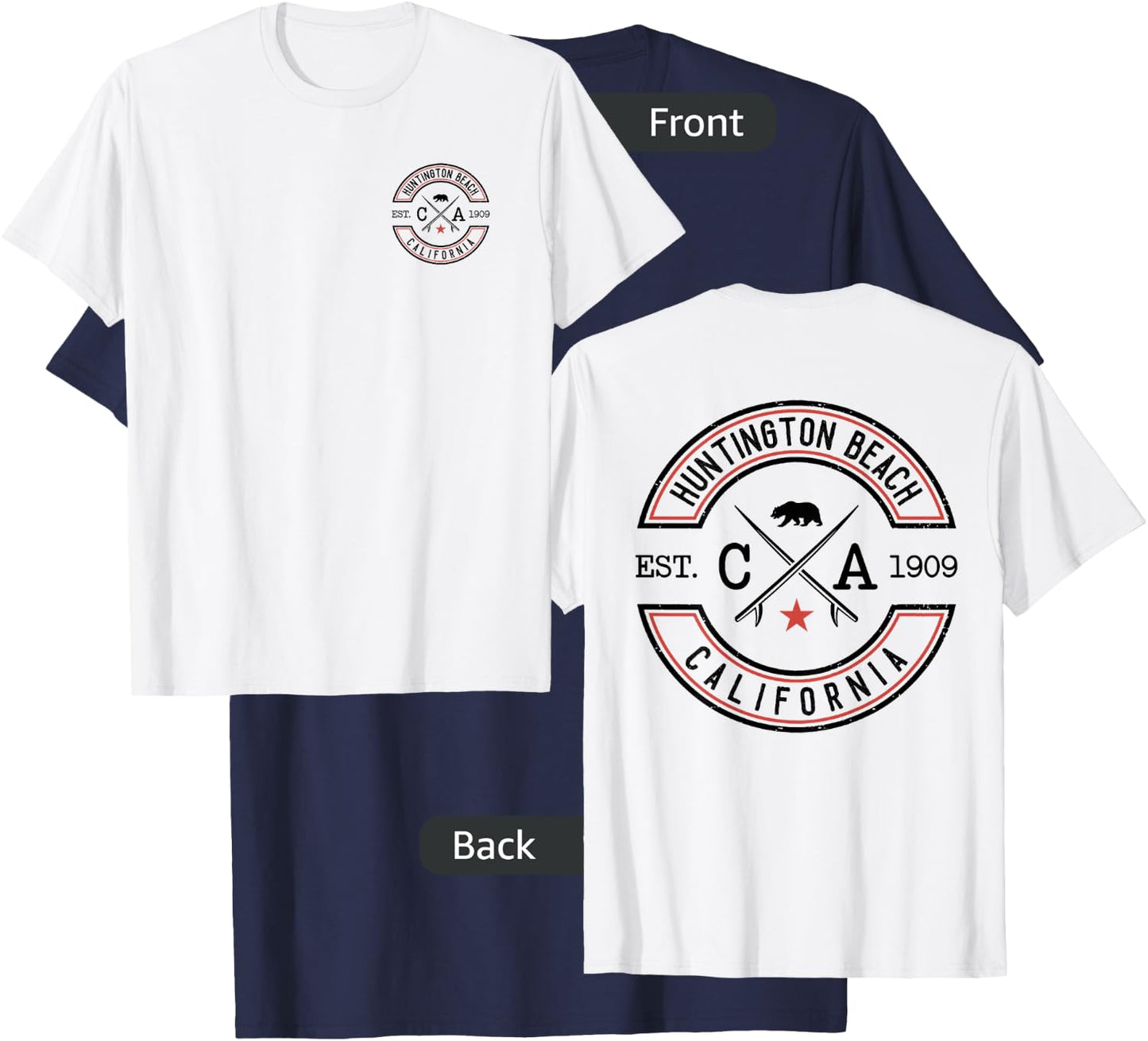 Huntington Beach California CA Retro Surfer Front & Back T-Shirt - T-Shirt | Navy