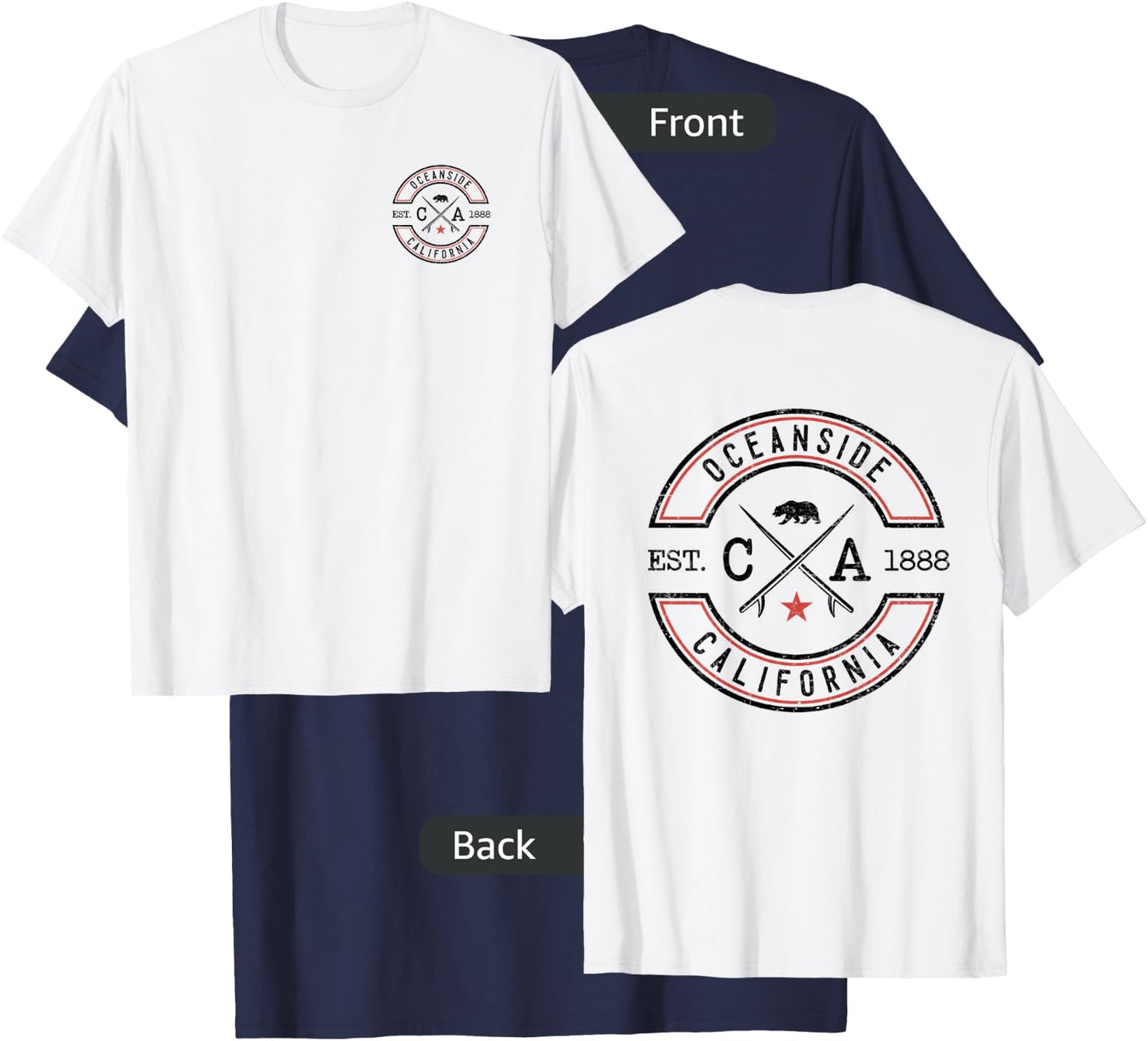 Oceanside Beach California CA Retro Surfer Front & Back T-Shirt - T-Shirt | Navy