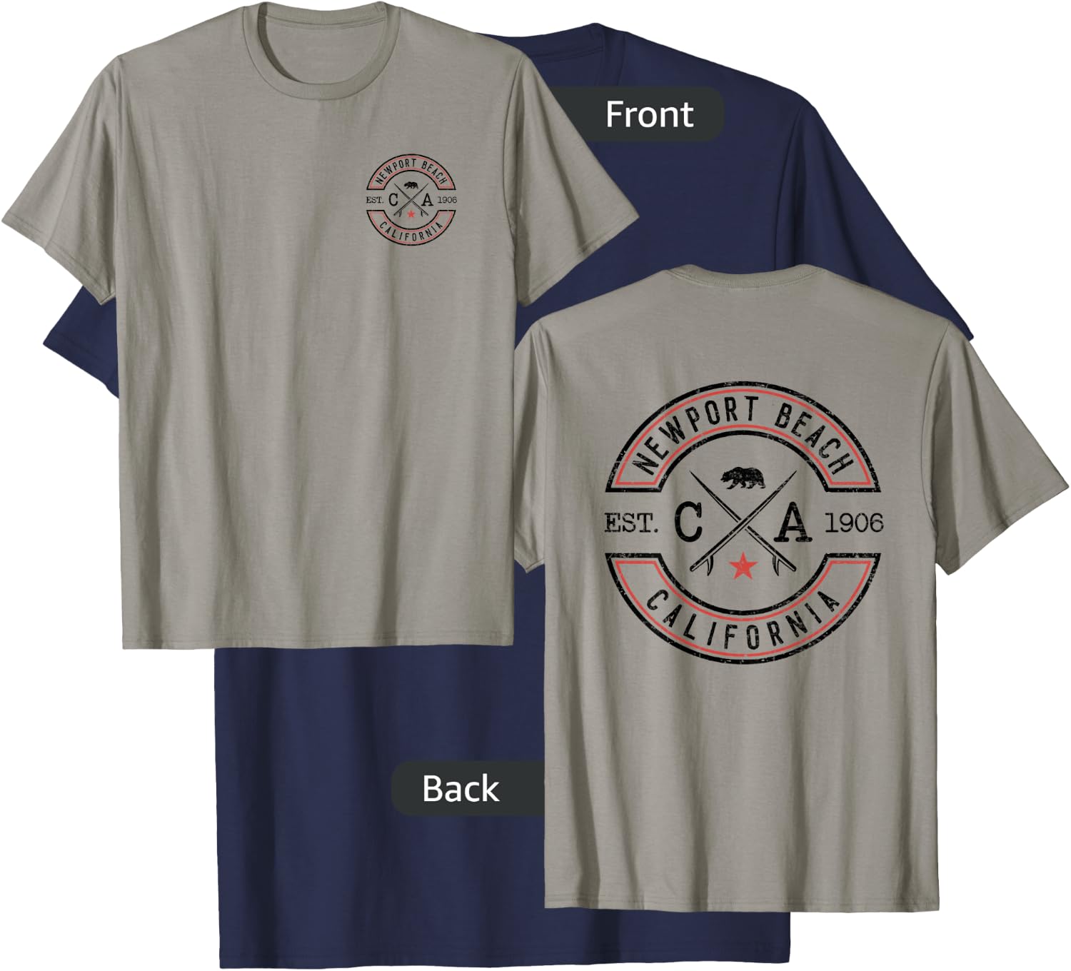 Newport Beach California CA Retro Surfer Front & Back Print T-Shirt - T-Shirt | Navy