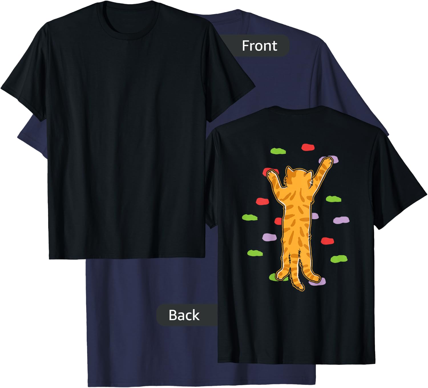Funny Cute Bouldering Rock Climbing Cat (print on back) Women Girls Kids T-Shirt - T-Shirt | Navy