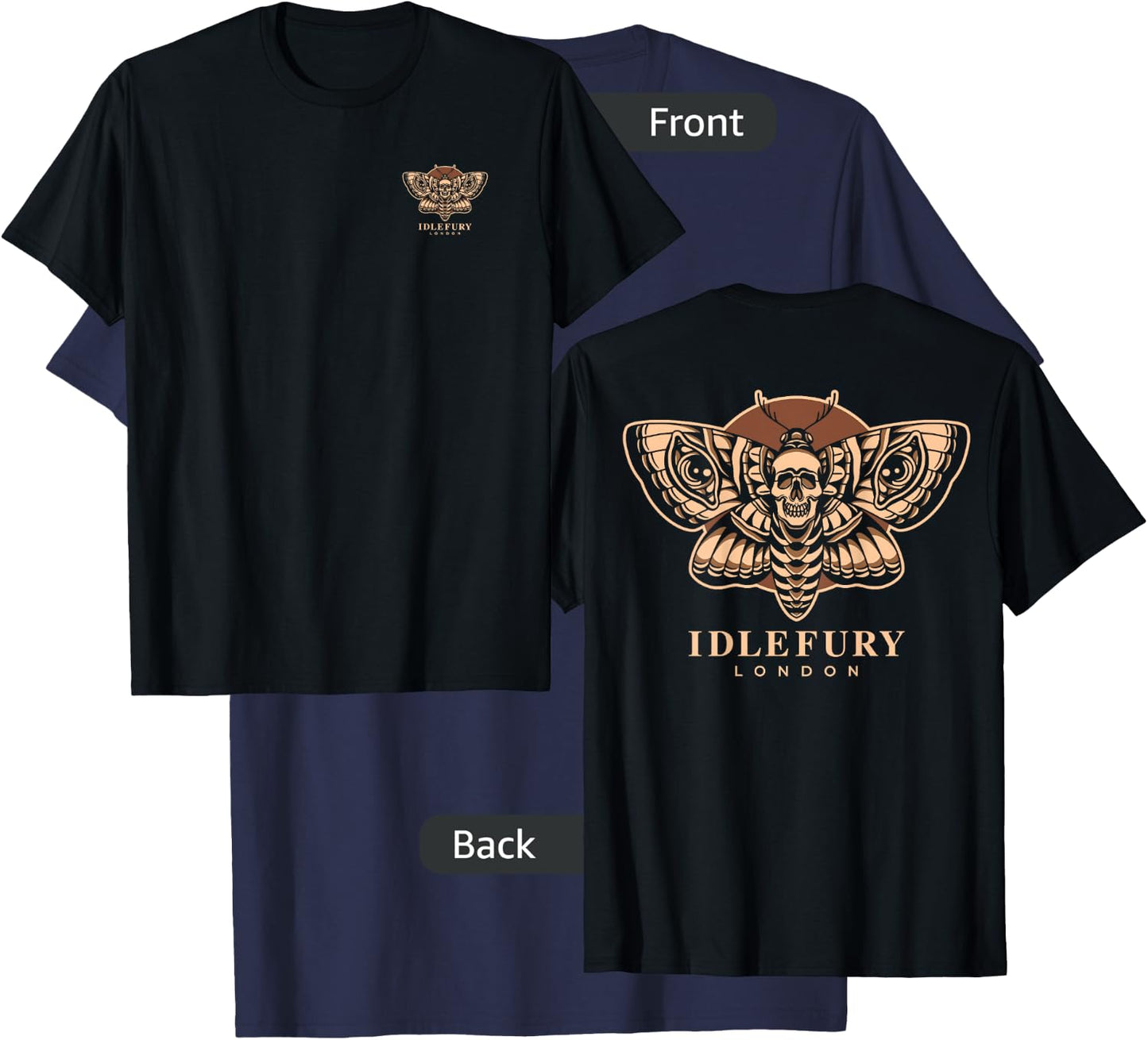 VIEW BACK PRINT Idle Fury Death Moth Skull Moth Butterfly T-Shirt - T-Shirt | Navy