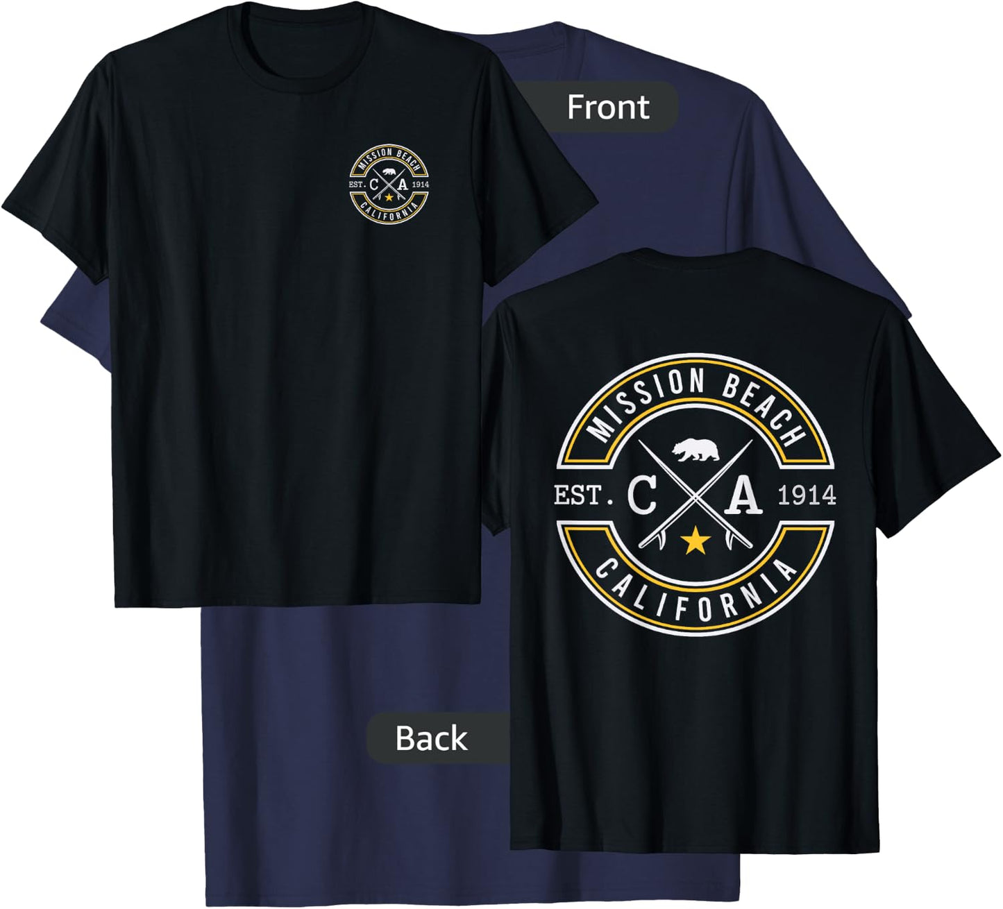 Mission Beach California CA Retro Surfer Beach Front & Back Men Women T-Shirt - T-Shirt | Navy