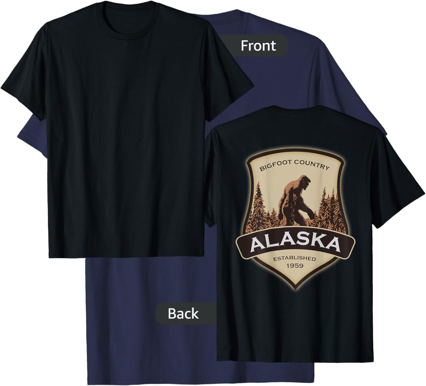 Printed On Back - Alaska with a Bigfoot or Sasquatch T-Shirt - T-Shirt | Navy