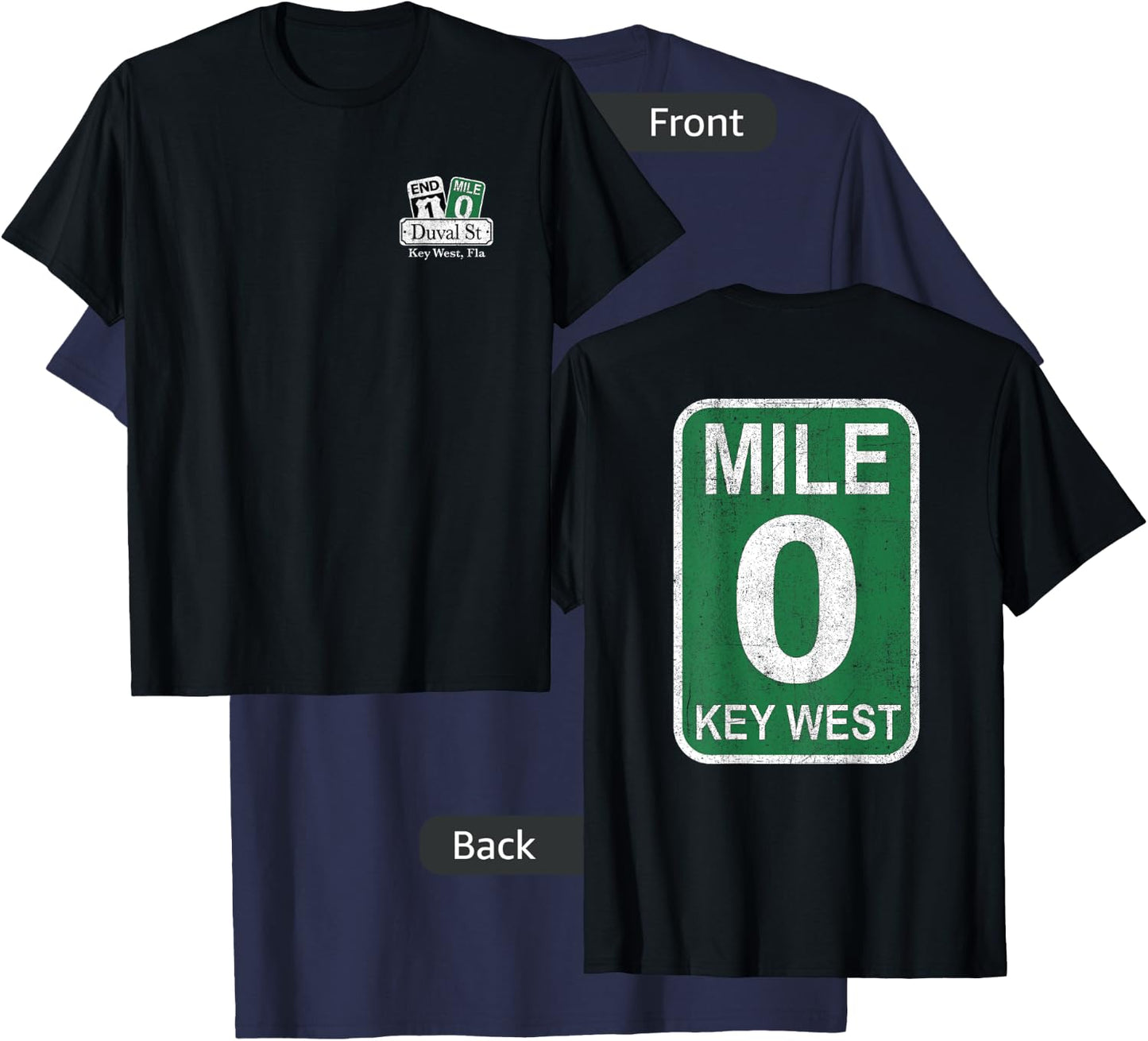 Key West Florida Mile 0 Duval St Souvenir Front Back Print T-Shirt - T-Shirt | Navy