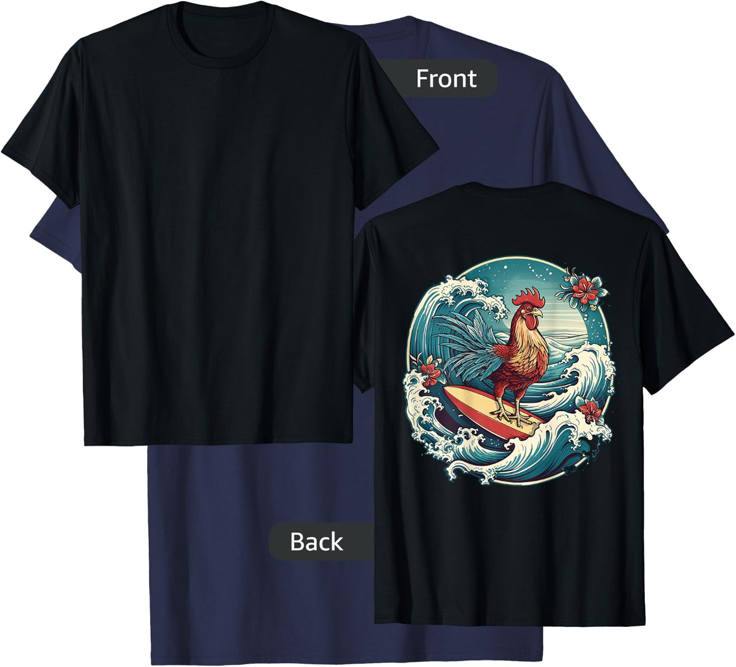 Rooster Surfer Chicken Surfing Kauai Hawaiian Surf Chick T-Shirt - T-Shirt | Navy