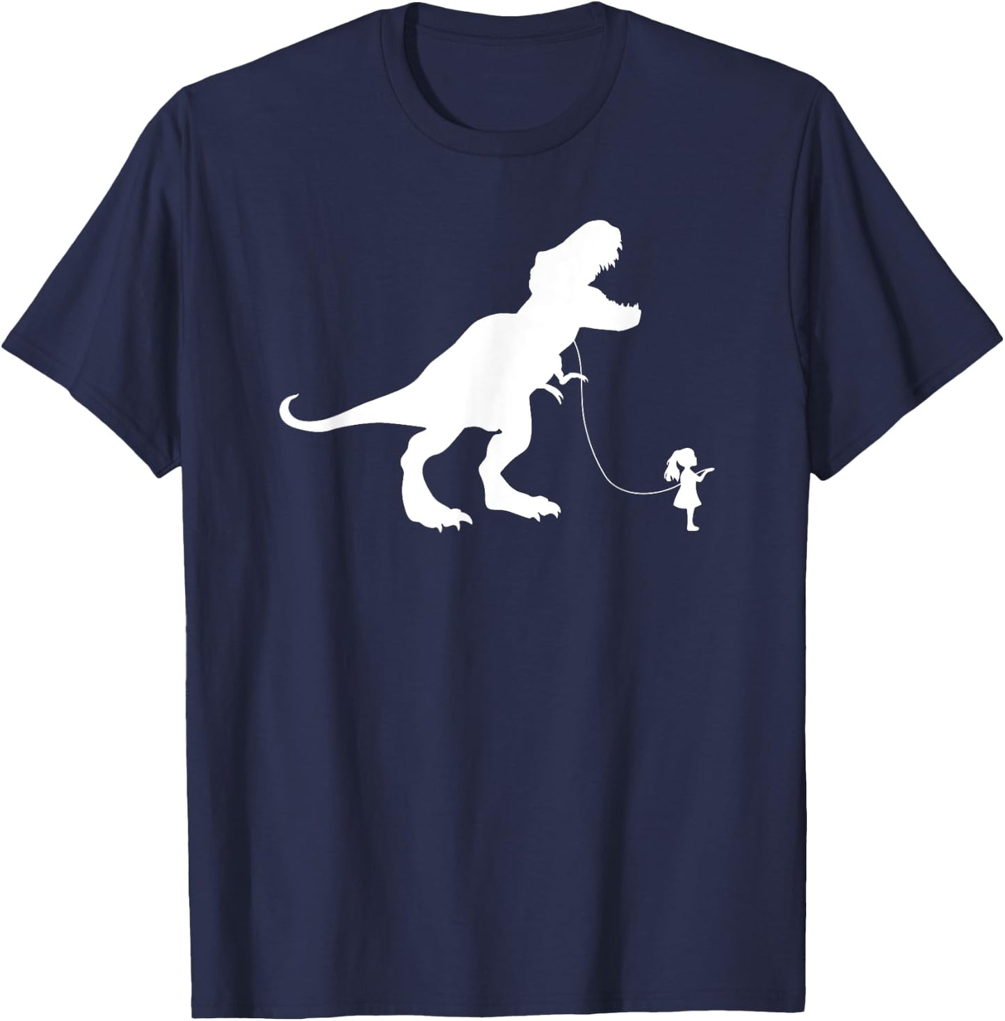 Funny TRex Pet Dinosaur Meme | Girl Walking TREX on a Leash T-Shirt - T-Shirt | Navy