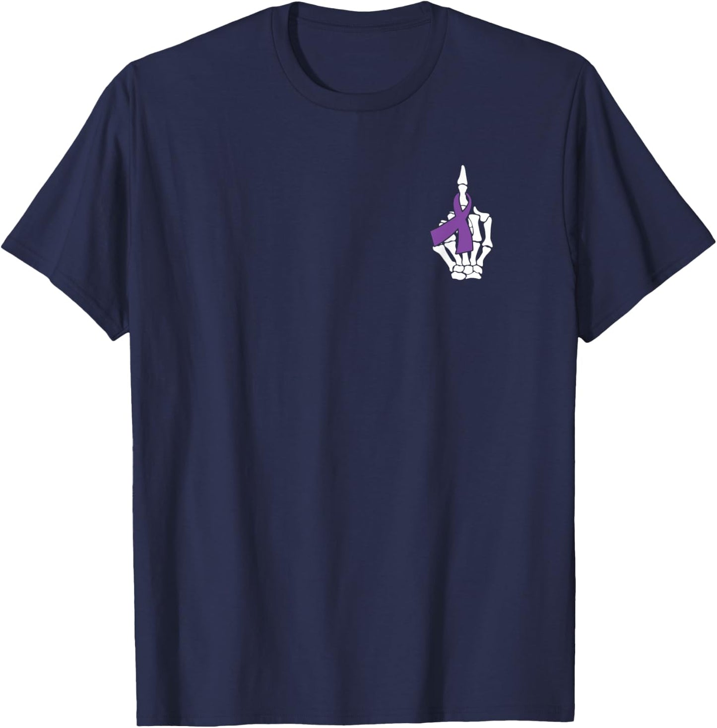 Fuck Pancreatic Cancer Skeleton Middle Finger Purple Ribbon T-Shirt - T-Shirt | Navy