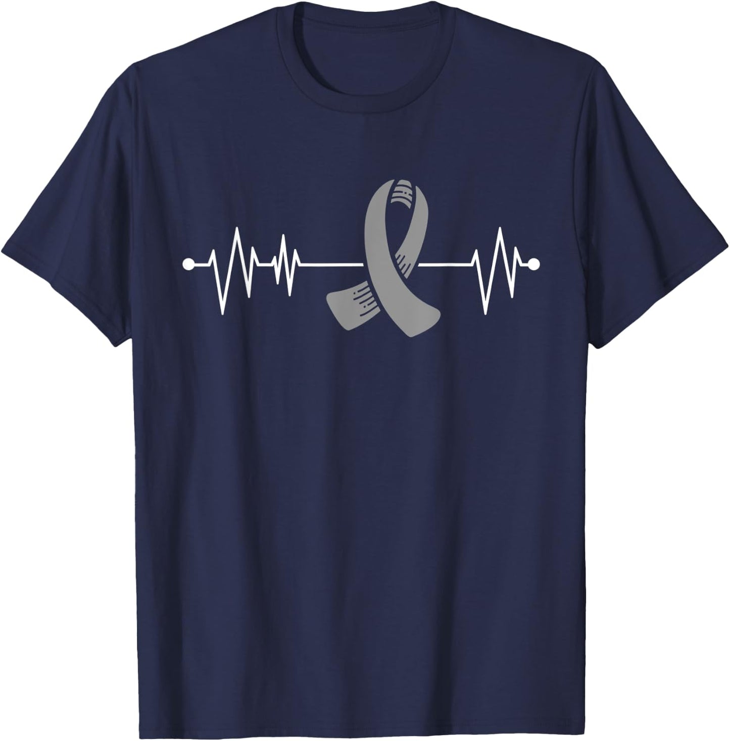 Brain Cancer Heartbeat Warrior Gray Awareness Ribbon T-Shirt - T-Shirt | Navy