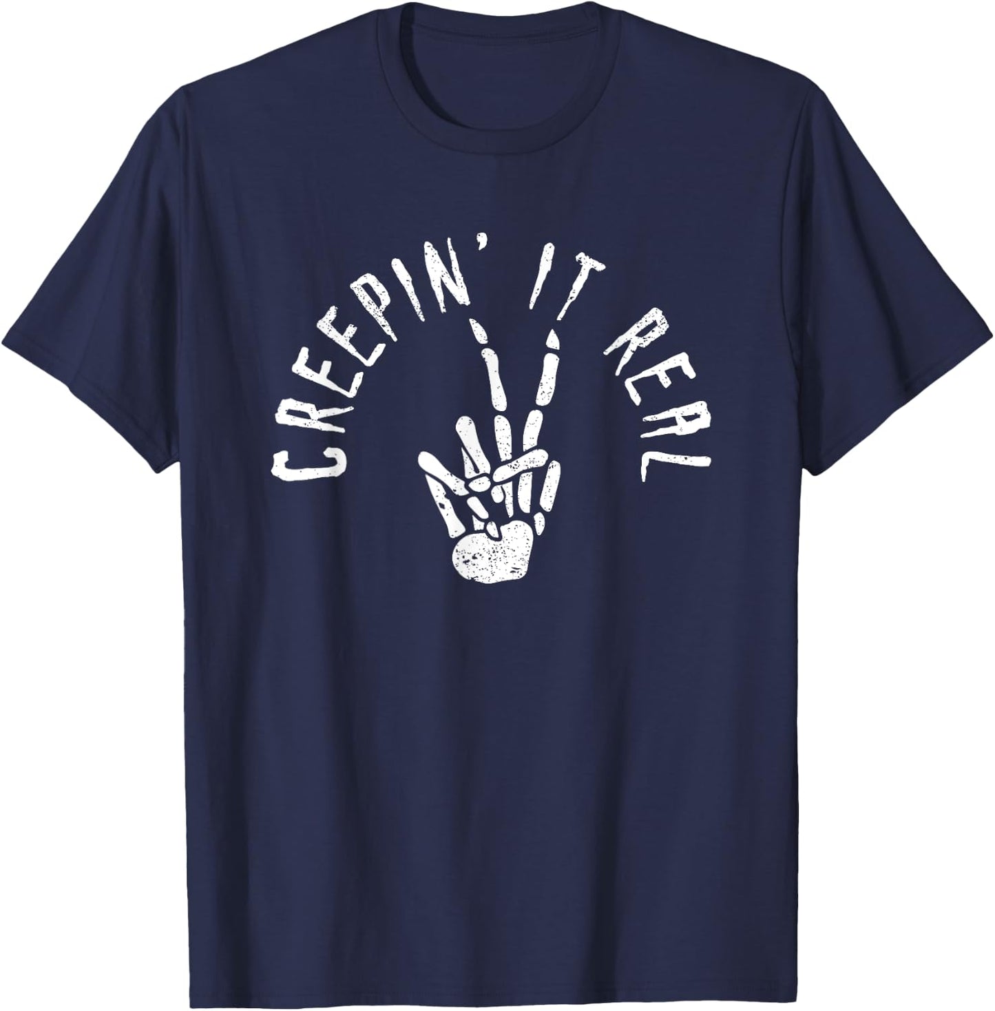 Creepin' It Real Funny Halloween Skeleton Bone Hand Sign T-Shirt - T-Shirt | Navy