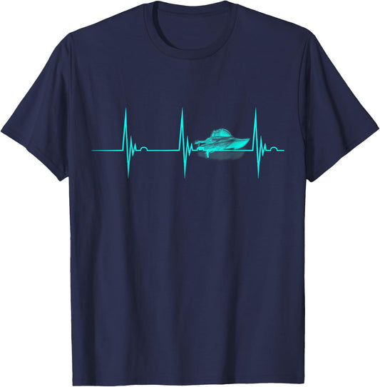 Motor Boating Boater Drag Boat Racing Heartbeat EKG Pulse T-Shirt - T-Shirt | Navy