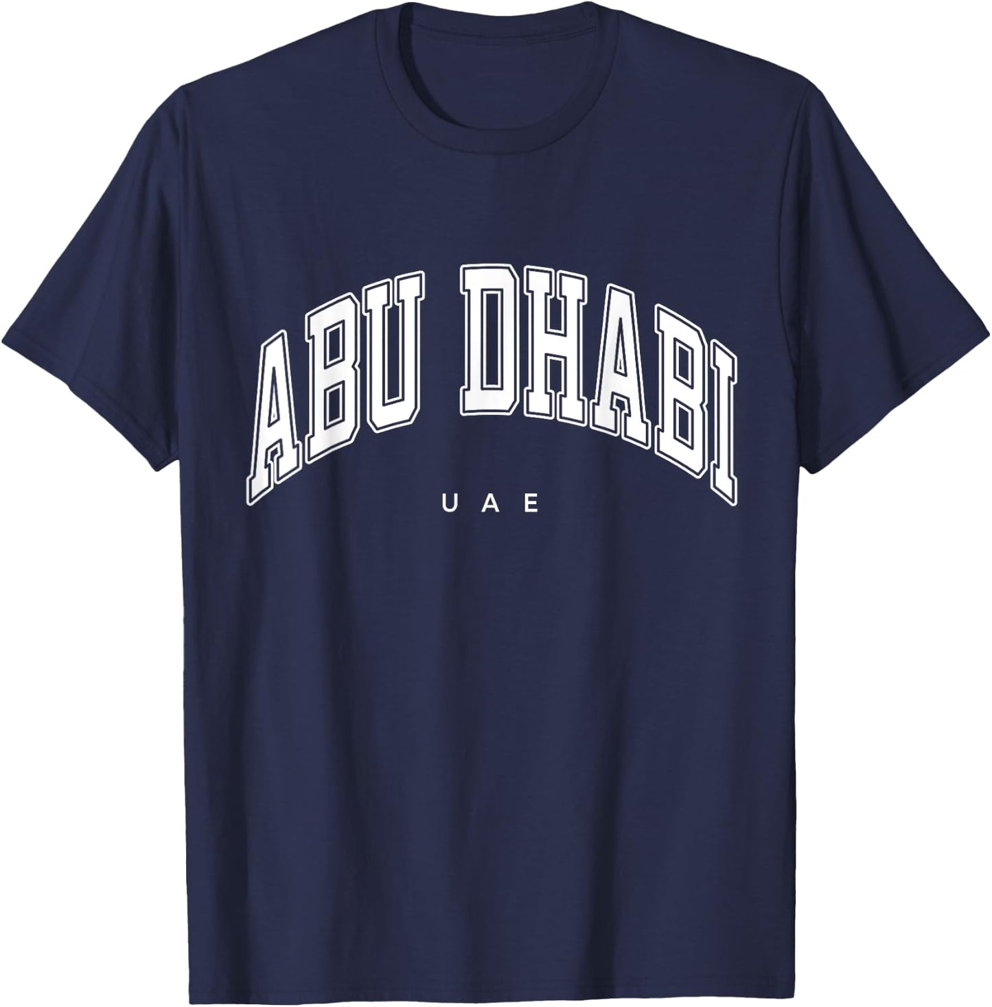 Abu Dhabi UAE Varsity Style White Text T-Shirt - T-Shirt | Navy