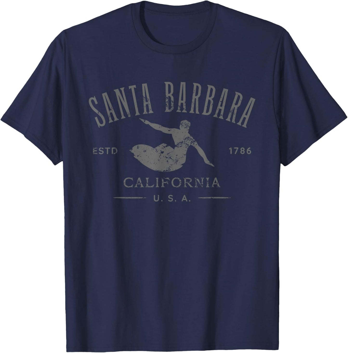 Santa Barbara California Surf Distressed Design T-Shirt - T-Shirt | Navy