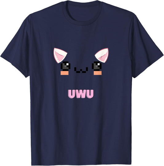 Kawaii Gamer Girl UwU with Cat Design T-Shirt - T-Shirt | Navy