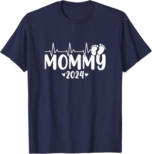 Mommy 2024 Heartbeat 1st time Pregnancy Announcement Mom T-Shirt - T-Shirt | Navy