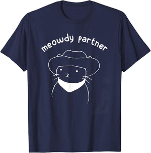 Funny Cat Gift Meowdy Partner Howdy Cowboy Cat - Black, -Adults, Short Sleeve, Small, Cotton 60% Polyester 40% T-Shirt - T-Shirt | Navy