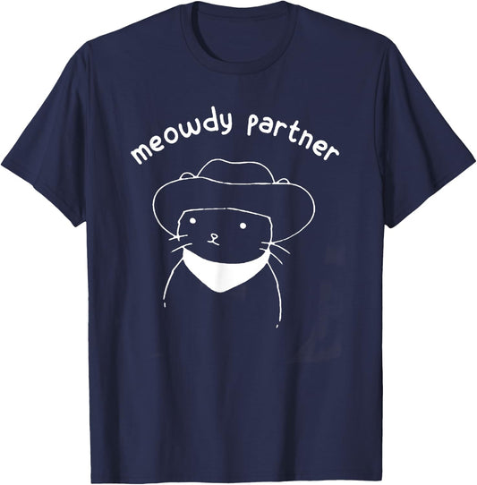 Funny Cat Gift Meowdy Partner Howdy Cowboy Cat - Black, -Adults, Short Sleeve, Small, Cotton 60% Polyester 40% T-Shirt - T-Shirt | Navy