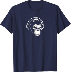 Intense Chimp & Headphones Chimpanzee Wildlife Lover T-Shirt - T-Shirt | Navy