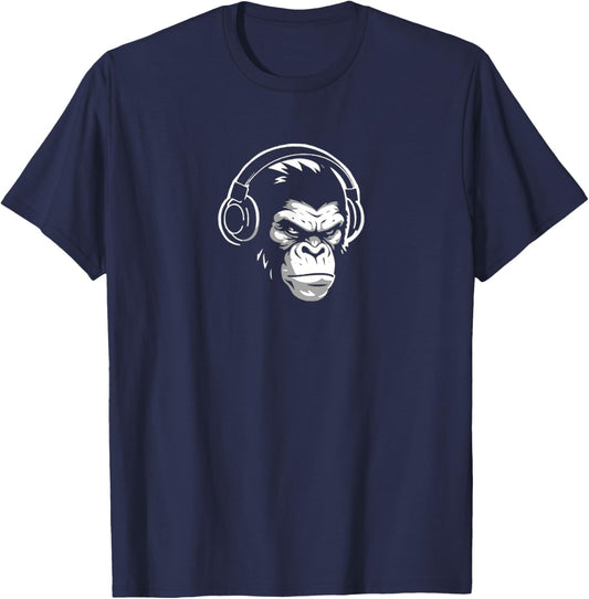 Intense Chimp & Headphones Chimpanzee Wildlife Lover T-Shirt - T-Shirt | Navy