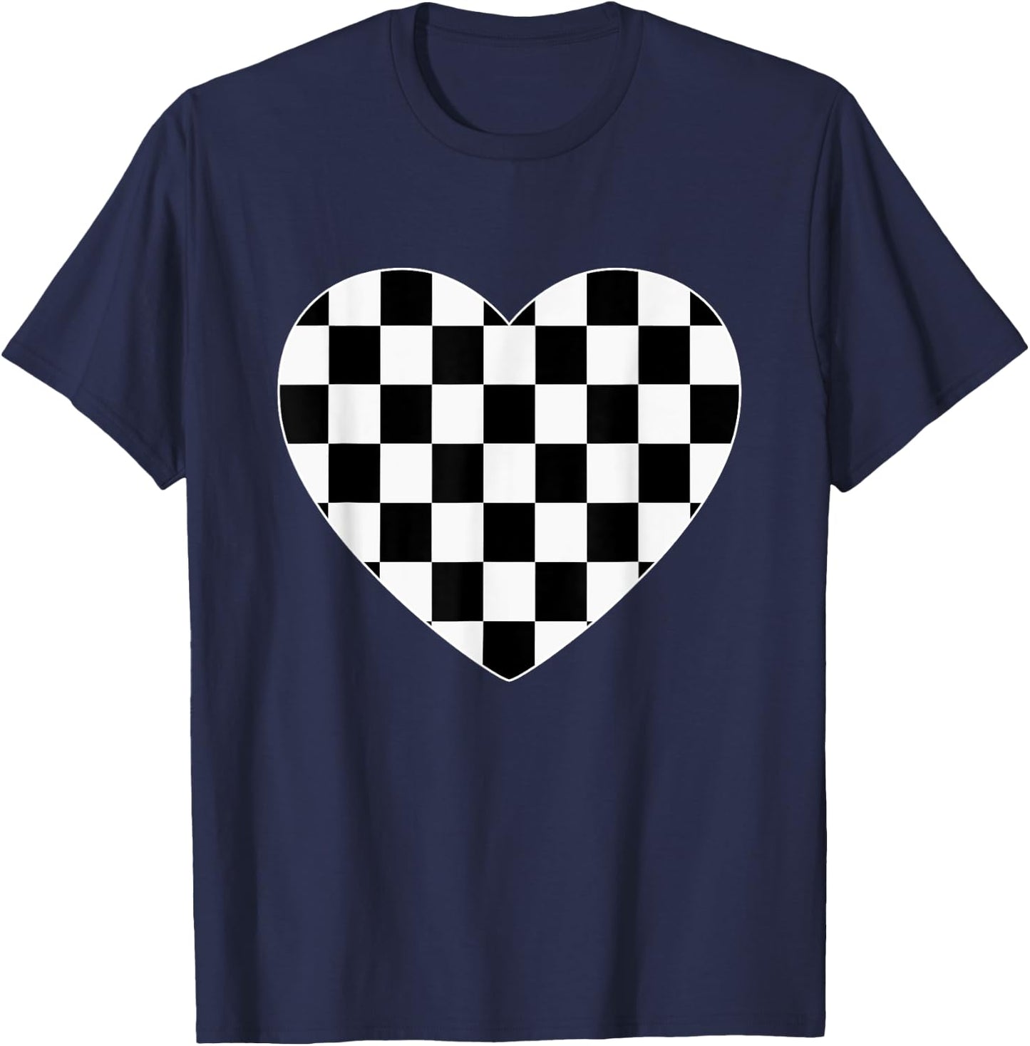 Checkered Love Heart Black White Cute Chess Game Women Men T-Shirt - T-Shirt | Navy