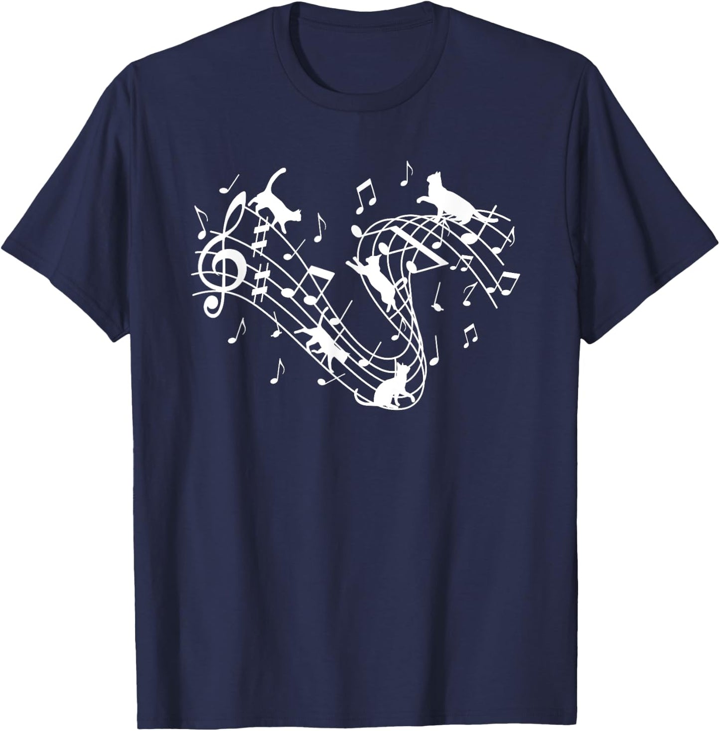Cute Cat Lover Kitty Playing Music Note Clef Musician Music Men Women Girls Kids T-Shirt - T-Shirt | Navy