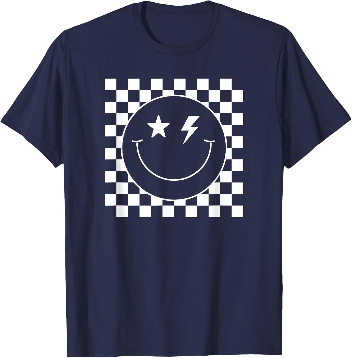 Checkered Lightning Eyes Smile Face Shirt Happy Face Cute T-Shirt - T-Shirt | Navy