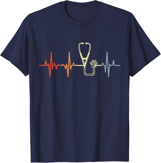 Vintage Stethoscope Pulse Line Veterinary Veterinarian T-Shirt - T-Shirt | Navy