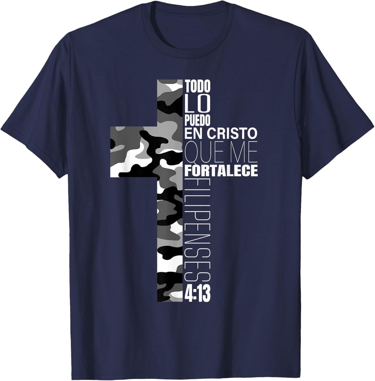 White Camo Christian Verse Spanish Filipenses 4:13 Español T-Shirt - T-Shirt | Navy