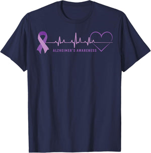 Alzheimer Disease Awareness Wear Alzheimer Ribbon Heartbeat T-Shirt - T-Shirt | Navy