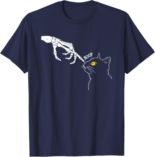 Skeleton Hand Cat Boop Black Cat Funny Feline Men Women T-Shirt - T-Shirt | Navy