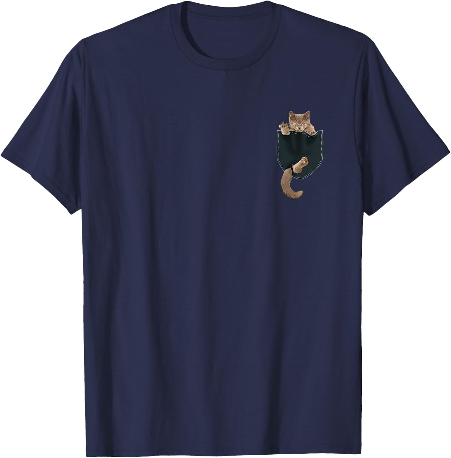 Funny Cat in Pocket - Cat Finger Pocket Small T-Shirt - T-Shirt | Navy