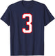White Red Sports Team Number #3 T-Shirt - T-Shirt | Navy