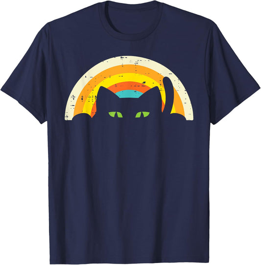 Peeping Black Cat Rainbow Vintage Halloween Men Women Kids T-Shirt - T-Shirt | Navy