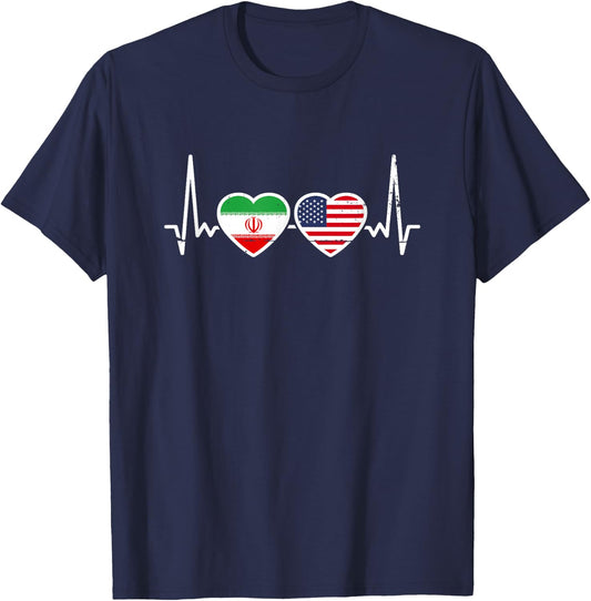 Iran USA Vintage Heartbeat Flag American Iranian T-Shirt - T-Shirt | Navy