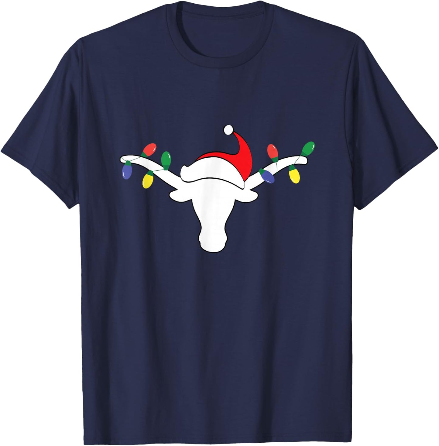 White Longhorn Christmas Lights Santa hat Horn Antlers T-Shirt - T-Shirt | Navy