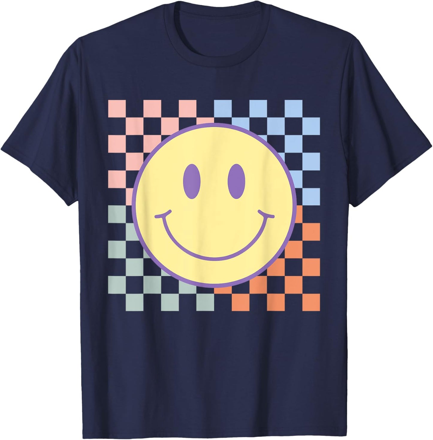 Retro Happy Face Shirt Checkered Pattern Smile Face Trendy T-Shirt - T-Shirt | Navy